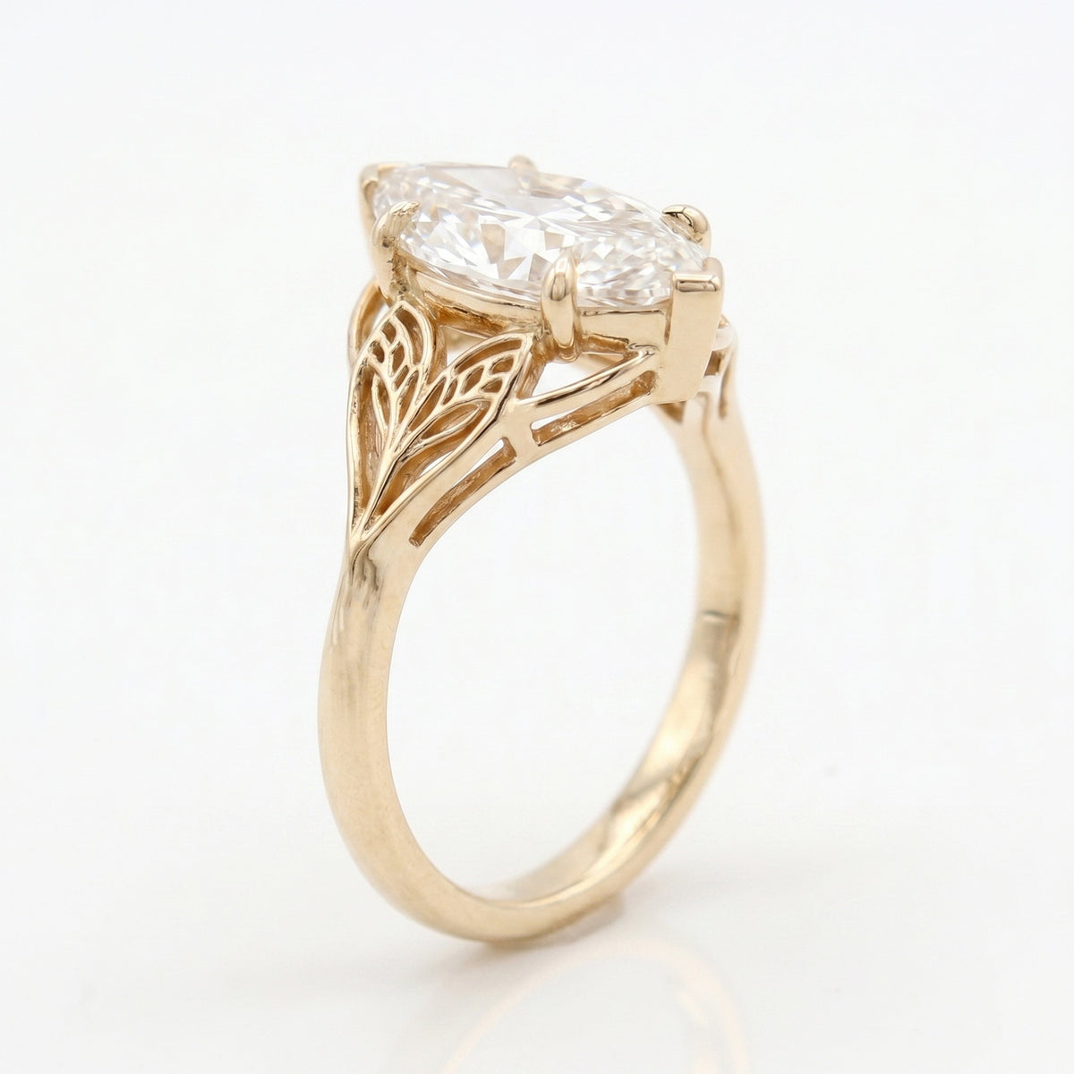 Solitaire Leaf Design Marquise Cut Diamond Engagement Ring, view 4