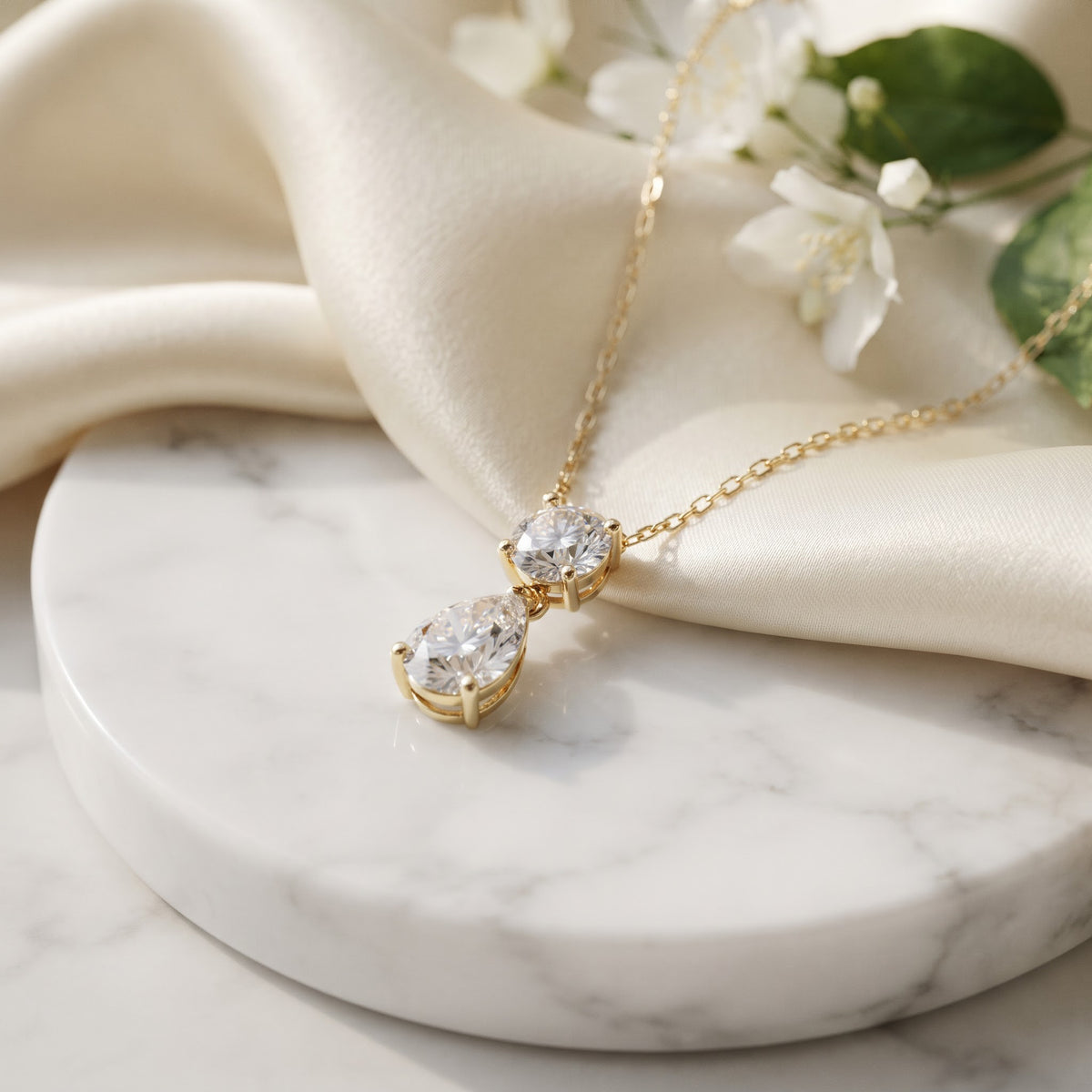 Two Stone Pear Round Dropdown Pendant, image 2