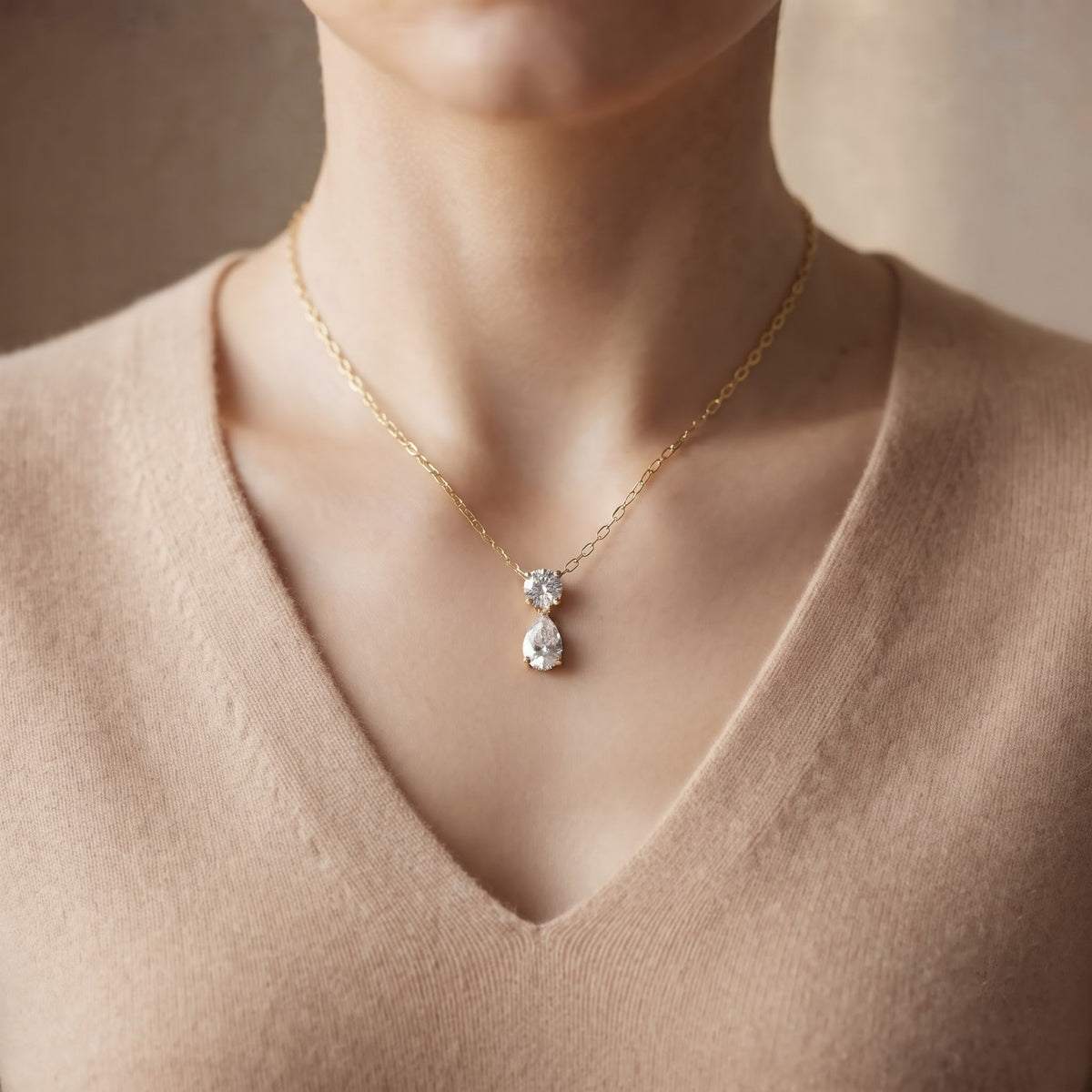 Two Stone Pear Round Dropdown Pendant, image 3