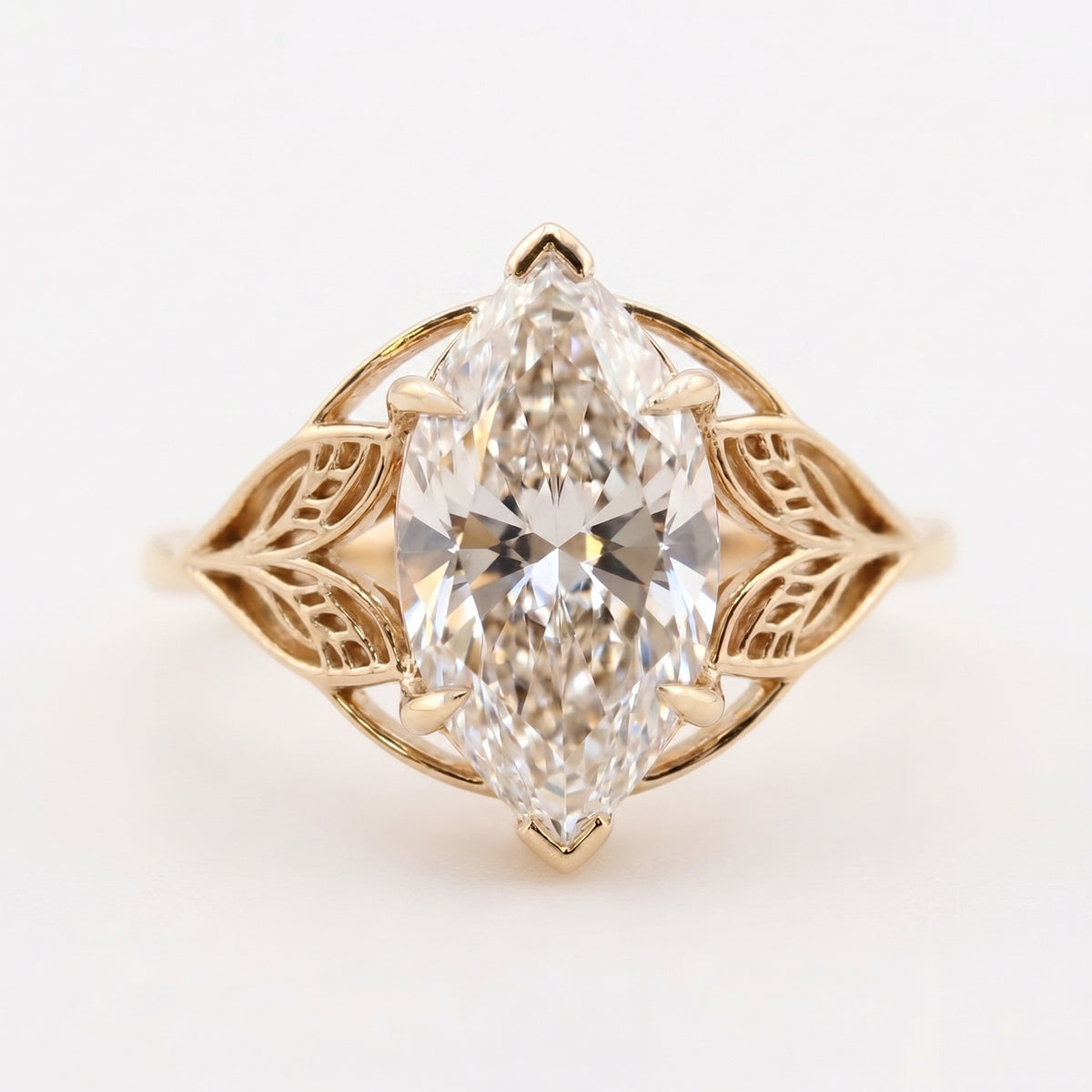 Solitaire Leaf Design Marquise Cut Diamond Engagement Ring, view 1