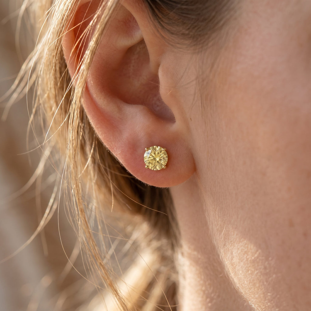 Minimalist Champagne Yellow Round Diamond Stud Earrings, view 2